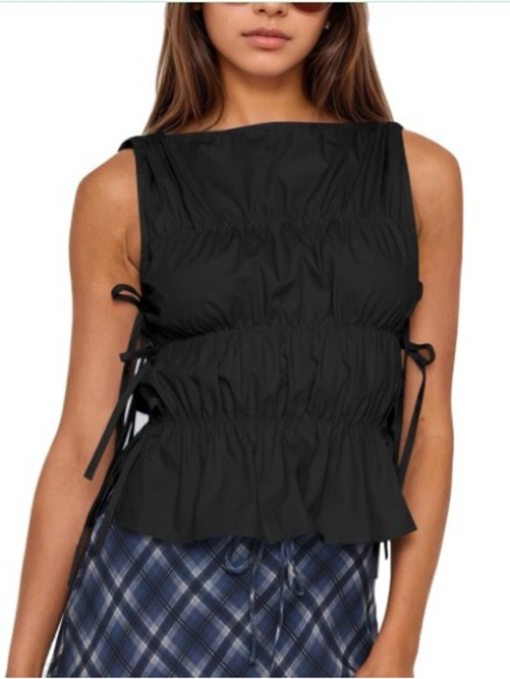 Black Ruched Tie-Side Women's Tank Top